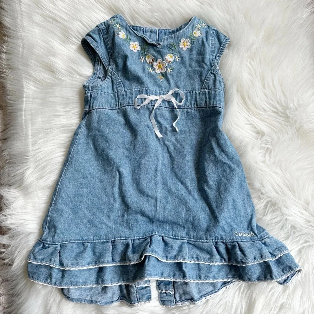 Vintage Osh Kosh Denim Embroidered Floral‎ Dress Size 4